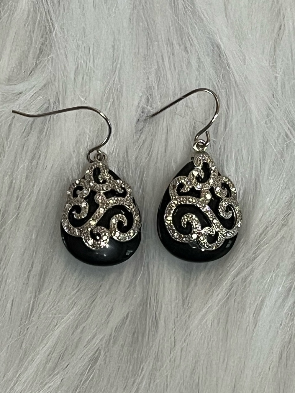 Black Silver Scroll Drop Earrings